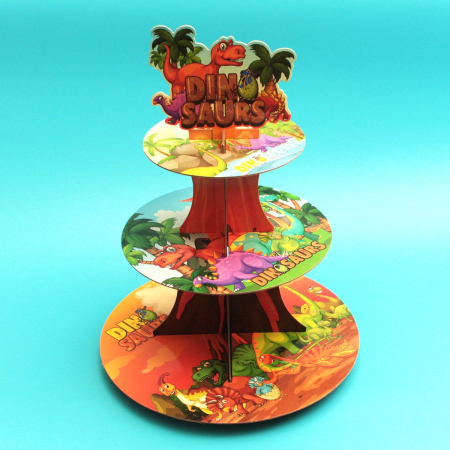 Etajera pentru Prajituri, Flippy, din Carton, 3 Nivele, 16/22/29 cm Diametru, Inaltime 38 cm, Tema Dinozauri, Multicolor [4]
