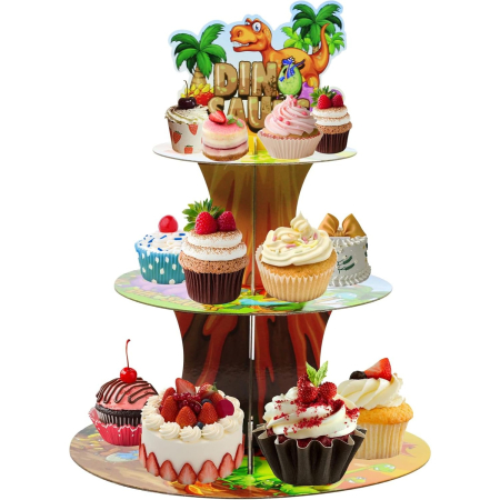 Etajera pentru Prajituri, Flippy, din Carton, 3 Nivele, 16/22/29 cm Diametru, Inaltime 38 cm, Tema Dinozauri, Multicolor [2]