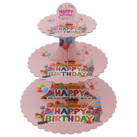 Bucătărie și electrocasnice - Etajera pentru Prajituri, Flippy, din Carton, 3 Nivele, 16/22/29 cm Diametru, Inaltime 38 cm, Tema Happy Birthday, Roz