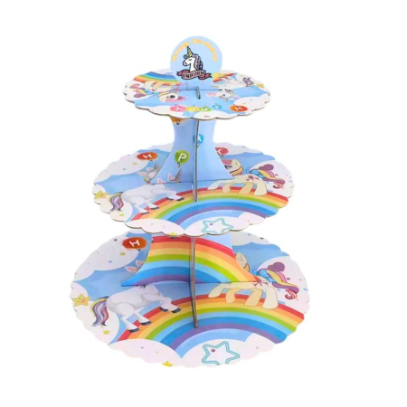 Bucătărie și electrocasnice - Etajera pentru Prajituri, Flippy, din Carton, 3 Nivele, 16/22/29 cm Diametru, Inaltime 38 cm, Tema Unicorni, Multicolor