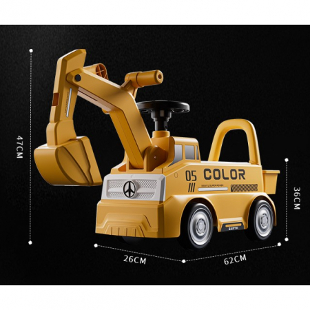Excavator Manual pentru copii, Flippy, 3 ani, Sport, Claxon, Cutie Depozitare, Lumini, Scaun, 62x26x47 cm, Galben [3]