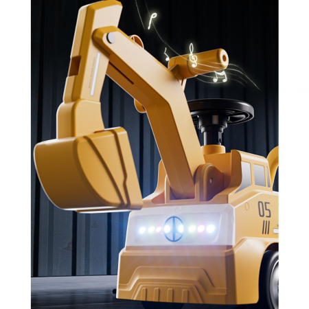 Excavator Manual pentru copii, Flippy, 3 ani, Sport, Claxon, Cutie Depozitare, Lumini, Scaun, 62x26x47 cm, Galben [6]