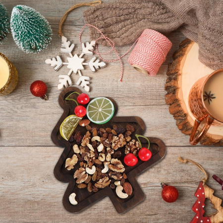 Farfurie cu Tematica de Craciun, Flippy, din Lemn, Margini Rotunjite, Model Brad, Maro [3]