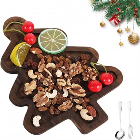 Farfurie cu Tematica de Craciun, Flippy, din Lemn, Margini Rotunjite, Model Brad, Maro [7]