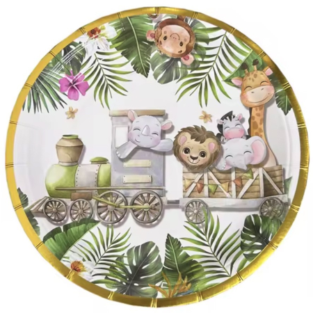 Articole petrecere - Farfurii Cartonate pentru Petreceri, Flippy, Farfurii cartonate de unica Folosinta pentru Zile de Nastere, Model Safari cu animale, set 10 buc, Diametru 23 cm, Multicolor