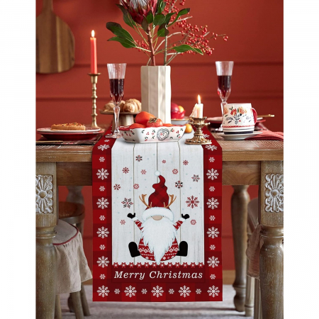 Fata de Masa Craciun, Flippy, Model 1 Elfi si Reni, din Textil, 33x180cm, Alb/Rosu [3]