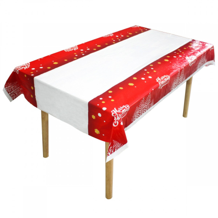 Ustensile de bucatarie - Fata de masa dreptunghiulara Flippy, PVC, 2.5 mm grosime, imprimeu Merry Christmas, potrivit pentru Craciun, utilizare multipla, 180 x 108 cm, alb