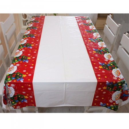 Fata de masa dreptunghiulara Flippy, PVC, 2.5 mm grosime, imprimeu Mos Craciun cu iepuras, potrivit pentru Craciun, utilizare multipla, 180 x 108 cm, alb [3]