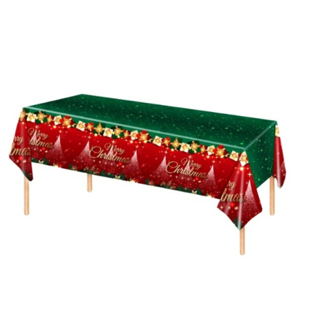 Casă și camping - Fata de Masa Festiva, Flippy, Dreptunghiulara, Imprimeu Merry Christmas, Tema Craciun, Rezistenta la Apa, din PVC, 137 x 274 cm, Rosu/Verde