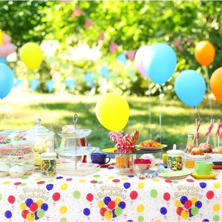Fata de Masa, Flippy, din PEVA, Imprimeu Happy Birthday cu Baloane, 137 x 274 cm, Impermeabila, Fara Pete, Curatare Rapida, Multicolor [2]