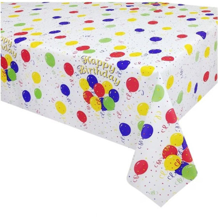 Casă și camping - Fata de Masa, Flippy, din PEVA, Imprimeu Happy Birthday cu Baloane, 137 x 274 cm, Impermeabila, Fara Pete, Curatare Rapida, Multicolor