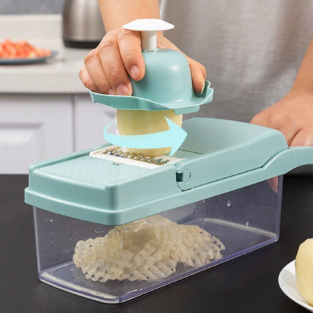 Feliator Multifunctional, Flippy, Razatoare, 8 in 1, pentru Fructe si Legume, 10 Piese, Lame de Inox, Recipient Stocare, Separator Oua, Protectie Mana, ABS, 32.2x11.3 cm, Albastru/Alb [4]
