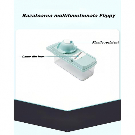 Feliator Multifunctional, Flippy, Razatoare, 8 in 1, pentru Fructe si Legume, 10 Piese, Lame de Inox, Recipient Stocare, Separator Oua, Protectie Mana, ABS, 32.2x11.3 cm, Albastru/Alb [3]