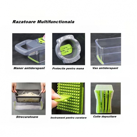 Feliator Multifunctional, Flippy, Razatoare, 8 in 1, pentru Fructe si Legume, 10 Piese, Lame de Inox, Recipient Stocare, Separator Oua, Protectie Mana, ABS, 32.2x11.3 cm, Verde/Gri [6]