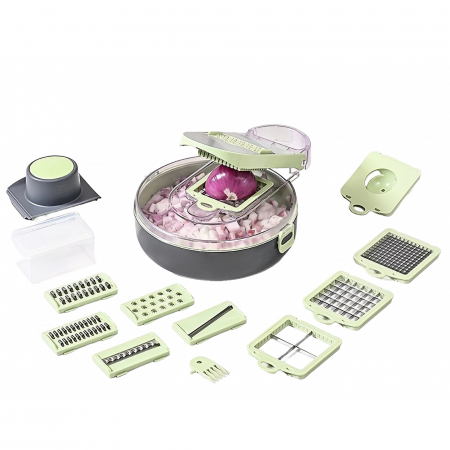 Pentru Casa si Camping - Feliator Multifunctional, Flippy, Razatoare, 8 in 1, pentru Fructe si Legume, 12 Piese, Lame de Inox, Recipient Stocare, Separator Oua, Protectie Mana, ABS, Gri/Verde, 29.5x9x21.8 cm
