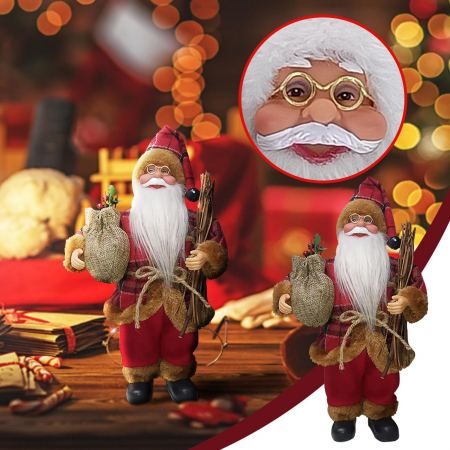 Figurina Decorativa Craciun, Flippy, Mos Craciun Asezat cu Surcele la Brat, 35 x 18 x 20 cm, Material Plastic+Textil, Interior/Exterior, Rosu/Maro [1]
