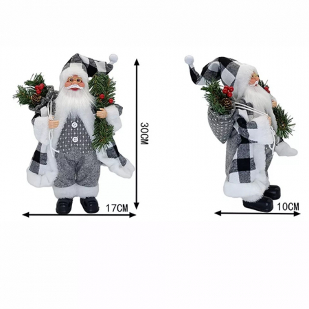 Figurina Decorativa Craciun, Flippy, Mos Craciun cu Crenguta de Brad, 30 x 10 x 17 cm, Material Plastic+Textil, Interior/Exterior, Alb/Gri [1]