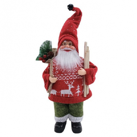 Pentru Casa si Camping - Figurina Decorativa Craciun, Flippy, Mos Craciun cu Lemne la Brat, 30 x 17 x 10 cm, Material Plastic+Textil, Interior/Exterior, Rosu/Verde