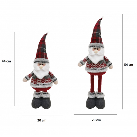 Figurina Decorativa, Pentru Craciun, Flippy, Mos Craciun, Picioare Telescopice, Inaltime Reglabila 44-54cm, Bluza cu Fulgi, Rosu/Gri [1]
