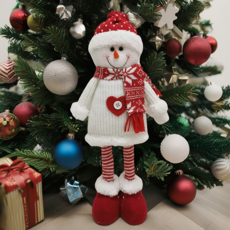 Casă și camping - Figurina Decorativa, Pentru Craciun, Flippy, Om de Zapada, Picioare Telescopice, Inaltime Reglabila 44-54cm, Caciula cu Inimioare, Alb/Rosu