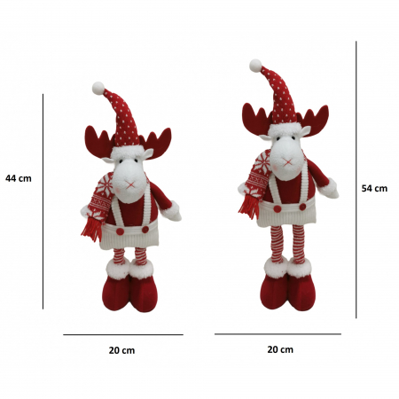 Figurina Decorativa, Pentru Craciun, Flippy, Ren, Picioare Telescopice, Inaltime Reglabila 44-54cm, Caciula cu Inimioare, Alb/Rosu [1]