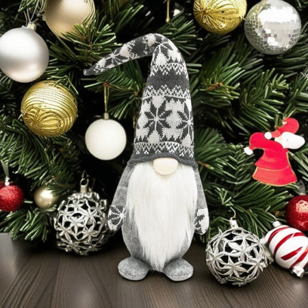 Figurina Decorativa, Pentru Craciun, Flippy, Spiridus, Omul Padurii cu Barba Lunga, Inaltime 47 cm, Gri [4]
