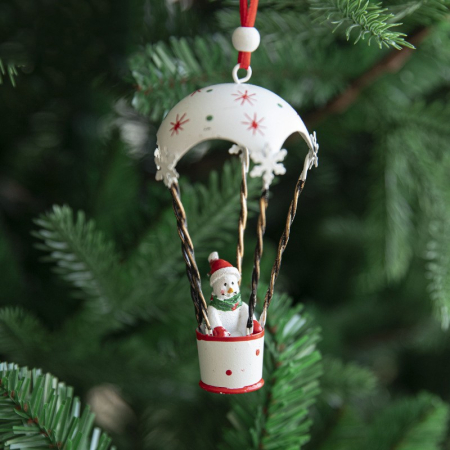 Casă și camping - Figurina pentru Brad de Craciun, Flippy, Model Om de Zapada in Balon cu Aer Cald, Ornament pentru Brad, din Metal, 11 x 5.5 x 5.5 cm, Alb