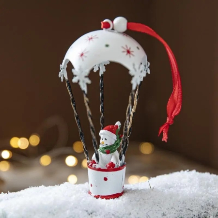 Figurina pentru Brad de Craciun, Flippy, Model Om de Zapada in Balon cu Aer Cald, Ornament pentru Brad, din Metal, 11 x 5.5 x 5.5 cm, Alb [4]