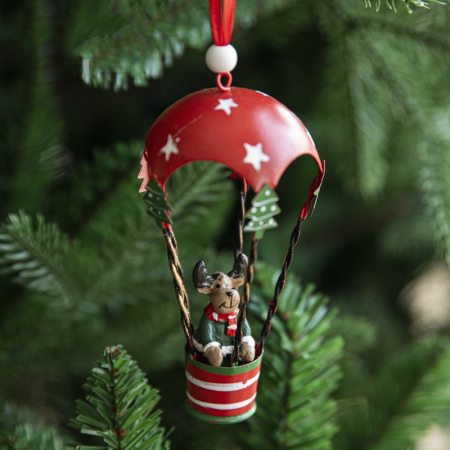 Casă și camping - Figurina pentru Brad de Craciun, Flippy, Model Ren in Balon cu Aer Cald, Ornament pentru Brad, din Metal, 11 x 5.5 x 5.5 cm, Rosu inchis