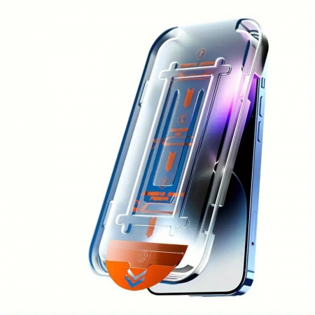 GSM - Folie de Protectie cu Instalare Rapida, Flippy, pentru Apple iPhone 15, Tempered Glass Easy Tool, Full Cover, Protectie Difuzor, HD, Margini Negre, Transparent