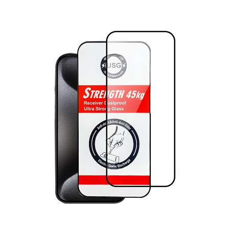 GSM - Folie de Protectie, Flippy, pentru iPhone 15 Plus, Tempered Glass USG, Ultra Rezistent 45kg, Full Cover, Antistatica, Margini Negre, Transparent