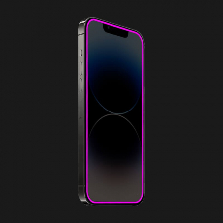 Folie de Sticla Securizata pentru Apple iPhone 15, Flippy, Luminous, Margine Fosforescenta Neon din Silicon, Mat, Anti-Amprenta, Protectie Completa, 9H, Violet [1]