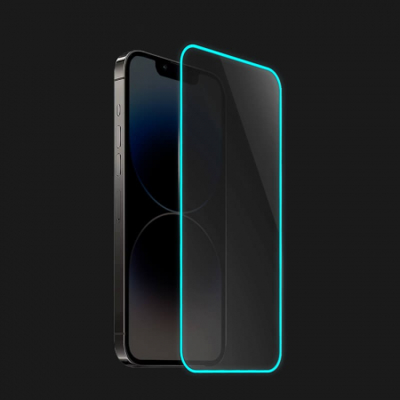 Folie de Sticla Securizata pentru Apple iPhone 15 Pro, Flippy, Luminous, Margine Fosforescenta Neon din Silicon, Mat, Anti-Amprenta, Protectie Completa, 9H, Albastru [3]