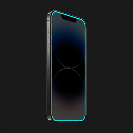 Folie de Sticla Securizata pentru Apple iPhone 15 Pro, Flippy, Luminous, Margine Fosforescenta Neon din Silicon, Mat, Anti-Amprenta, Protectie Completa, 9H, Albastru [2]