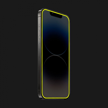 Folie de Sticla Securizata pentru Apple iPhone 15 Pro, Flippy, Luminous, Margine Fosforescenta Neon din Silicon, Mat, Anti-Amprenta, Protectie Completa, 9H, Galben [2]