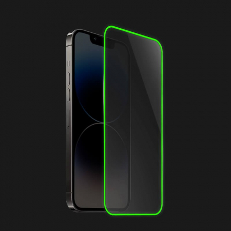 Folie de Sticla Securizata pentru Apple iPhone 15 Pro, Flippy, Luminous, Margine Fosforescenta Neon din Silicon, Mat, Anti-Amprenta, Protectie Completa, 9H, Verde [3]