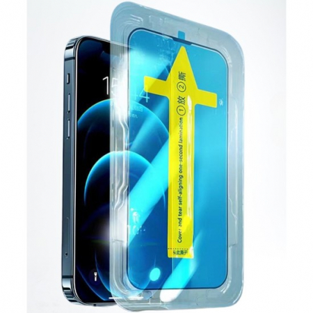 GSM - Folie sticla securizata cu sistem de montare usor si rapid Flippy pentru Apple iPhone 11 / XR, Transparent cu margini negre