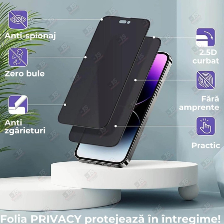 Folie Sticla Securizata, Flippy, Pentru Apple iPhone 16 Plus, Privacy Classic, 2.5D, Confidentialitate 30°, Negru Transparent [2]