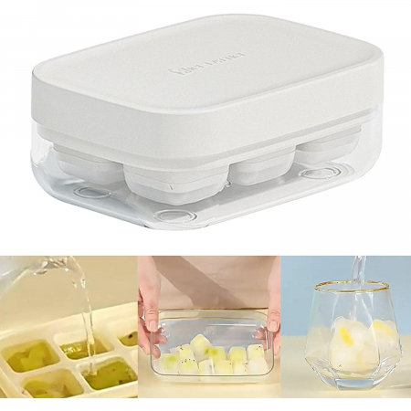 Forma pentru gheata cu presa Flippy, din silicon alimentar, 6 cuburi, caserola pentru depozitare, usor de folosit si curatat, 10.5 x 7.5 x 4.1 cm, alb [7]