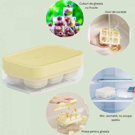 Forma pentru gheata cu presa Flippy, din silicon alimentar, 6 cuburi, caserola pentru depozitare, usor de folosit si curatat, 10.5 x 7.5 x 4.1 cm, galben [1]