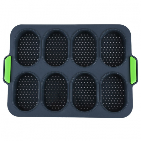Bucatarie si electrocasnice - Forme de Silicon pentru Copt, Flippy, 8 Forme Ovale, pentru Paine si Prajituri, 34.5 x 23.8 x 2.5 cm, Negru/Verde