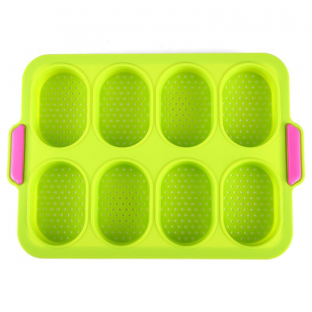 Pentru Casa si Camping - Forme de Silicon pentru Copt, Flippy, 8 Forme Ovale, pentru Paine si Prajituri, 34.5 x 23.8 x 2.5 cm, Verde/Roz