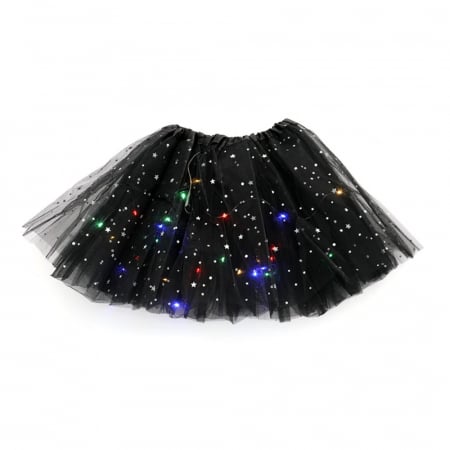 Fuste fete - ! LICHIDARE DE STOC ! Fusta LED pentru Copii, Flippy, Tutu de Balet pentru Fetite cu Luminite Multicolore Incorporate, Model Stelute, 30 cm Lungime, Negru