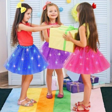 Fusta LED pentru Copii, Flippy, Tutu de Balet pentru Fetite cu Luminite Multicolore Incorporate, Model Stelute, 30 cm Lungime, Roz [2]