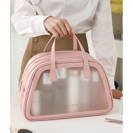 Geanta Cosmetice de Voiaj, Flippy, Dubla Compartimentare, Impermeabila, Translucida Mata, 35 x 22 x 15 cm, Roz [1]