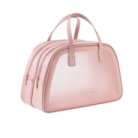 Pentru Casa si Camping - Geanta Cosmetice de Voiaj, Flippy, Dubla Compartimentare, Impermeabila, Translucida Mata, 35 x 22 x 15 cm, Roz