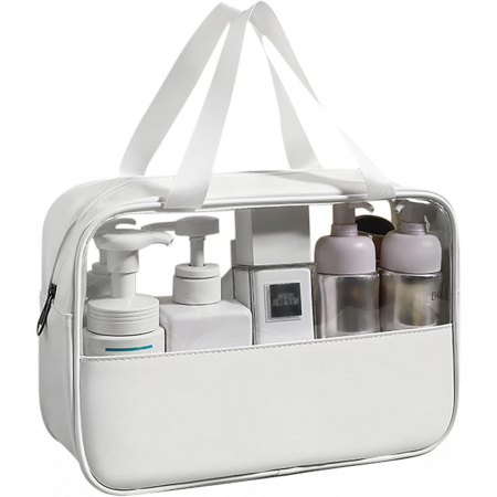 Pentru Casa si Camping - Geanta cosmetice Flippy, pentru voiaj sau organizare, material PVC/textil, impermeabila, portabila, 26 x 15 x 10 cm, alb