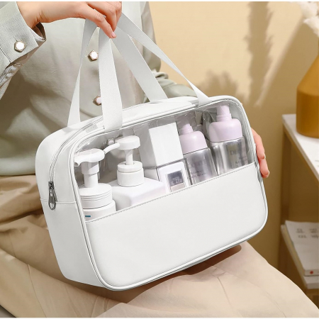 Geanta cosmetice Flippy, pentru voiaj sau organizare, material PVC/textil, impermeabila, portabila, 26 x 15 x 10 cm, alb [1]