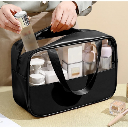 Pentru Casa si Camping - Geanta cosmetice Flippy, pentru voiaj sau organizare, material PVC/textil, impermeabila, portabila, 26 x 15 x 10 cm, negru