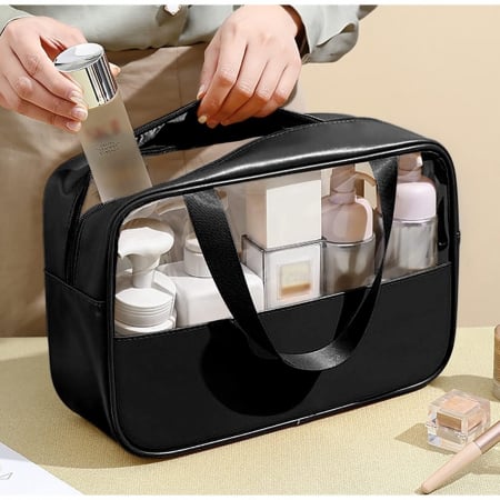 Sub 99 Lei - Lichidare Geanta cosmetice Flippy, pentru voiaj sau organizare, material PVC/textil, impermeabila, portabila, 26 x 15 x 10 cm, negru